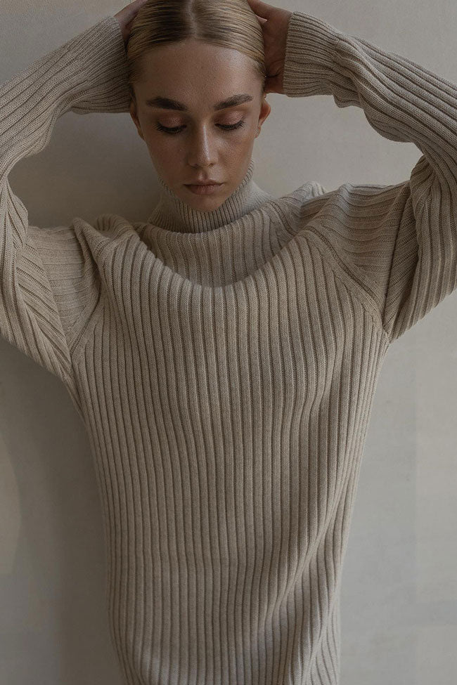 Chic Ribbed Knit Turtleneck Sweater Mini Dress in Khaki