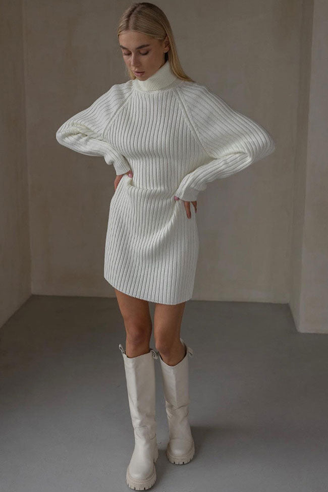 Chic Ribbed Knit Turtleneck Winter Sweater Dress in White