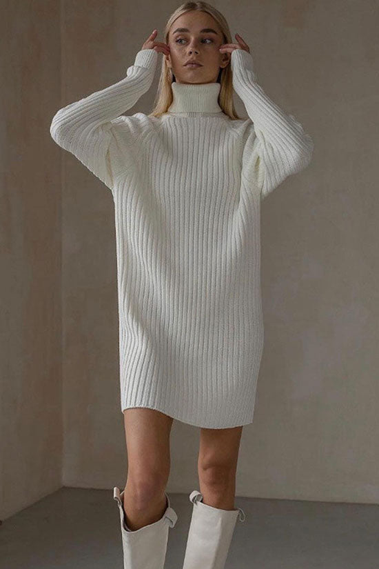 Chic Ribbed Knit Turtleneck Winter Sweater Dress in White