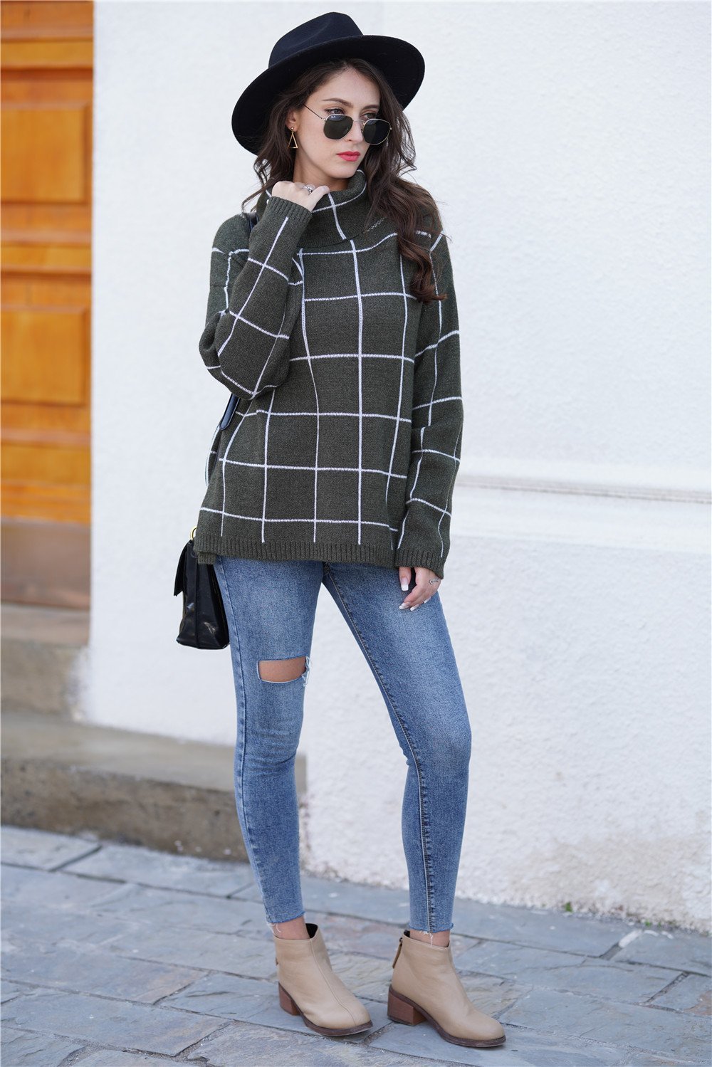 Chic Khaki Turtleneck Plaid Sweater for Effortless Style