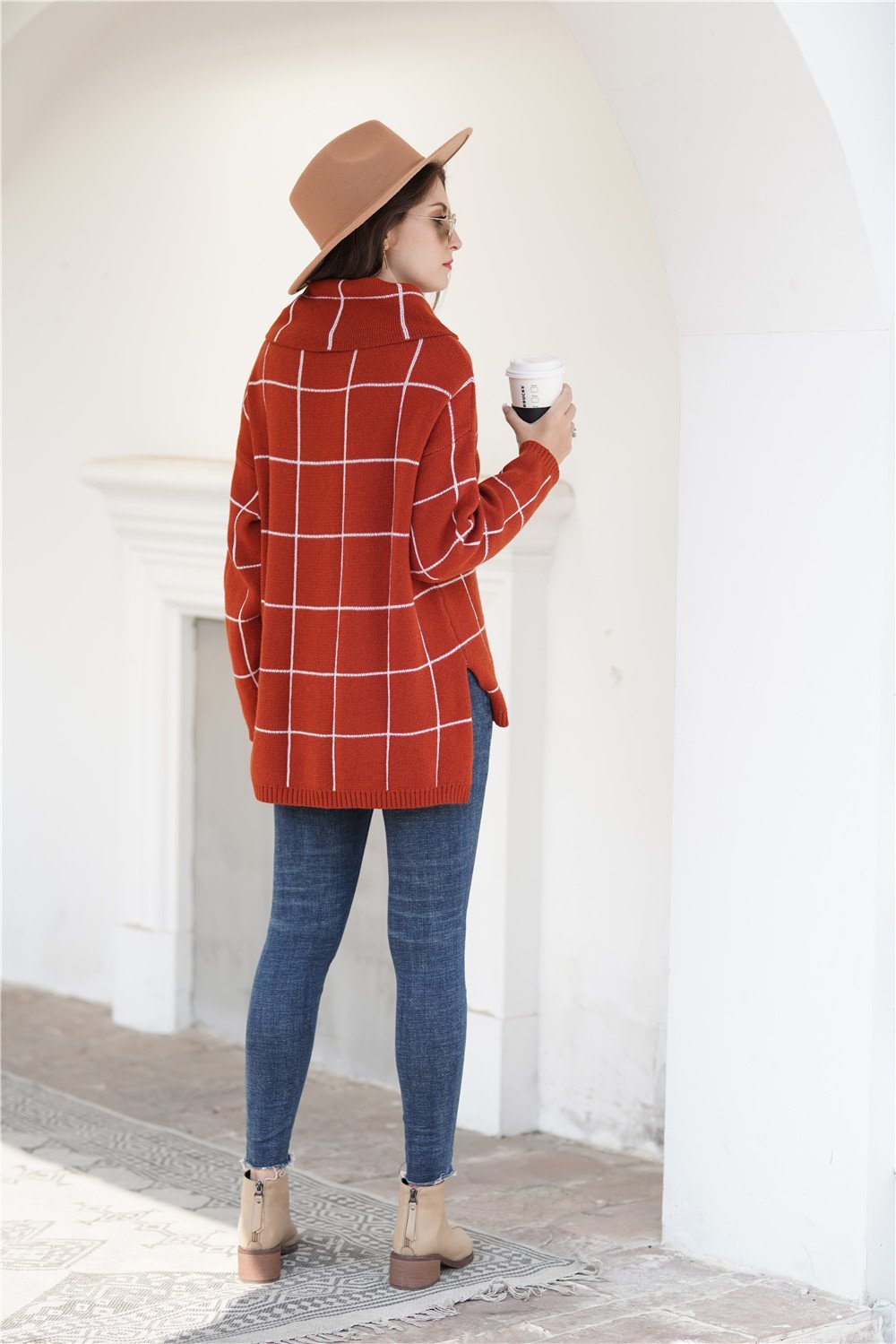 RadyRin Chic Loose Plaid Turtleneck Sweater in Red