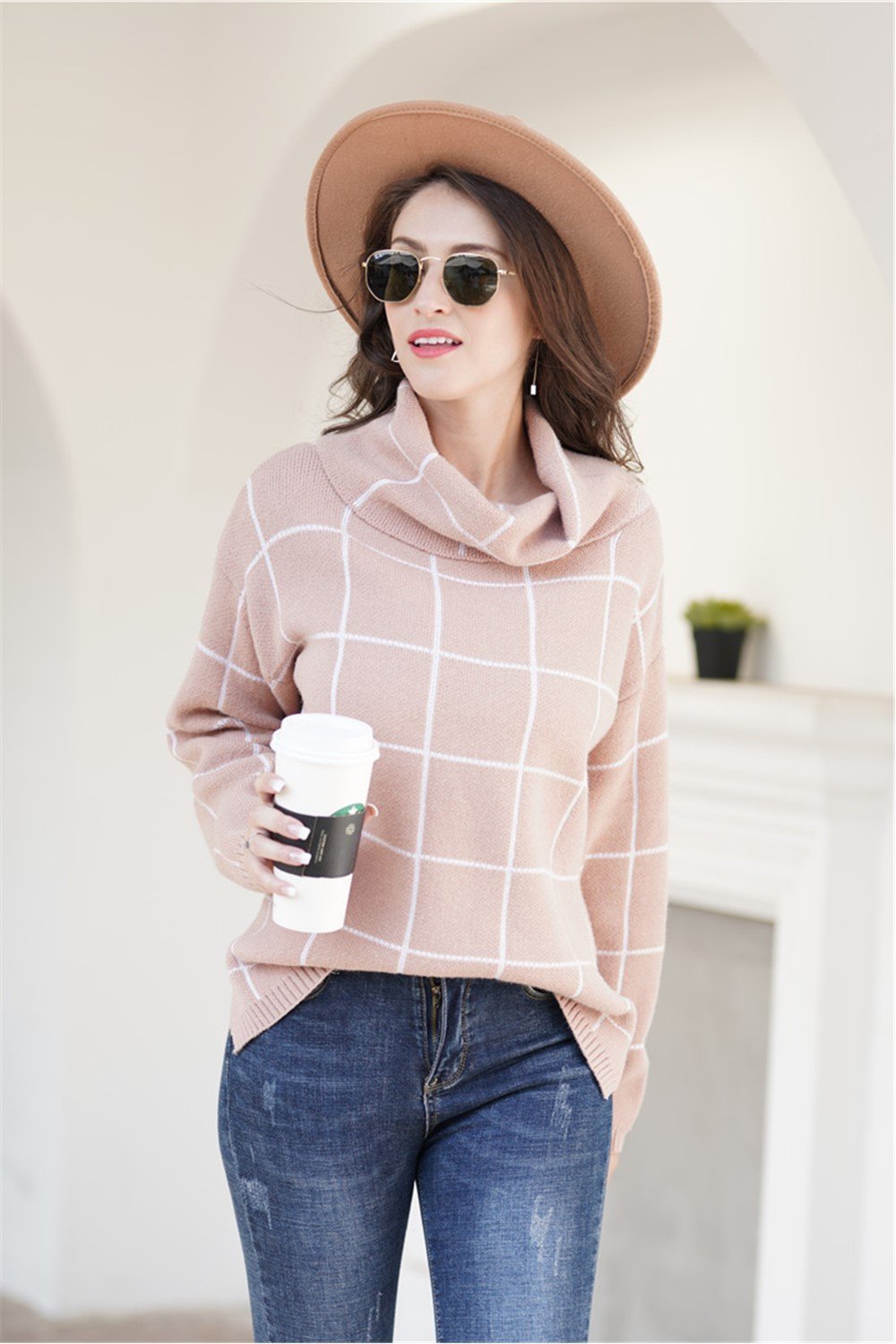 Chic Khaki Turtleneck Plaid Sweater for Effortless Style