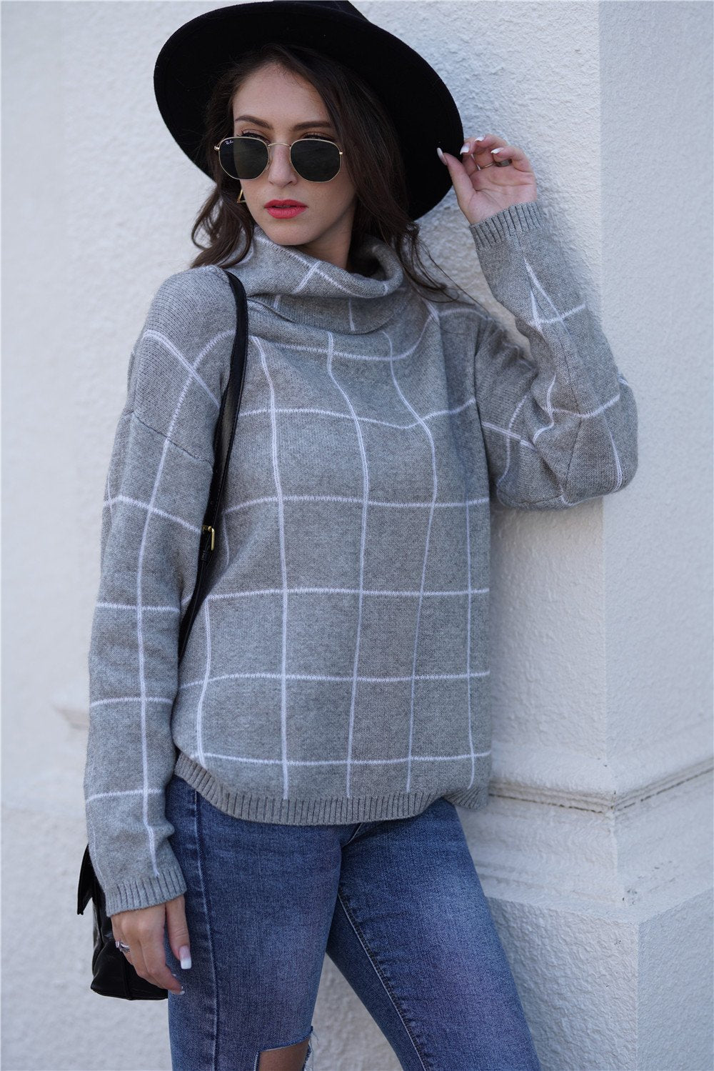 Chic Khaki Turtleneck Plaid Sweater for Effortless Style