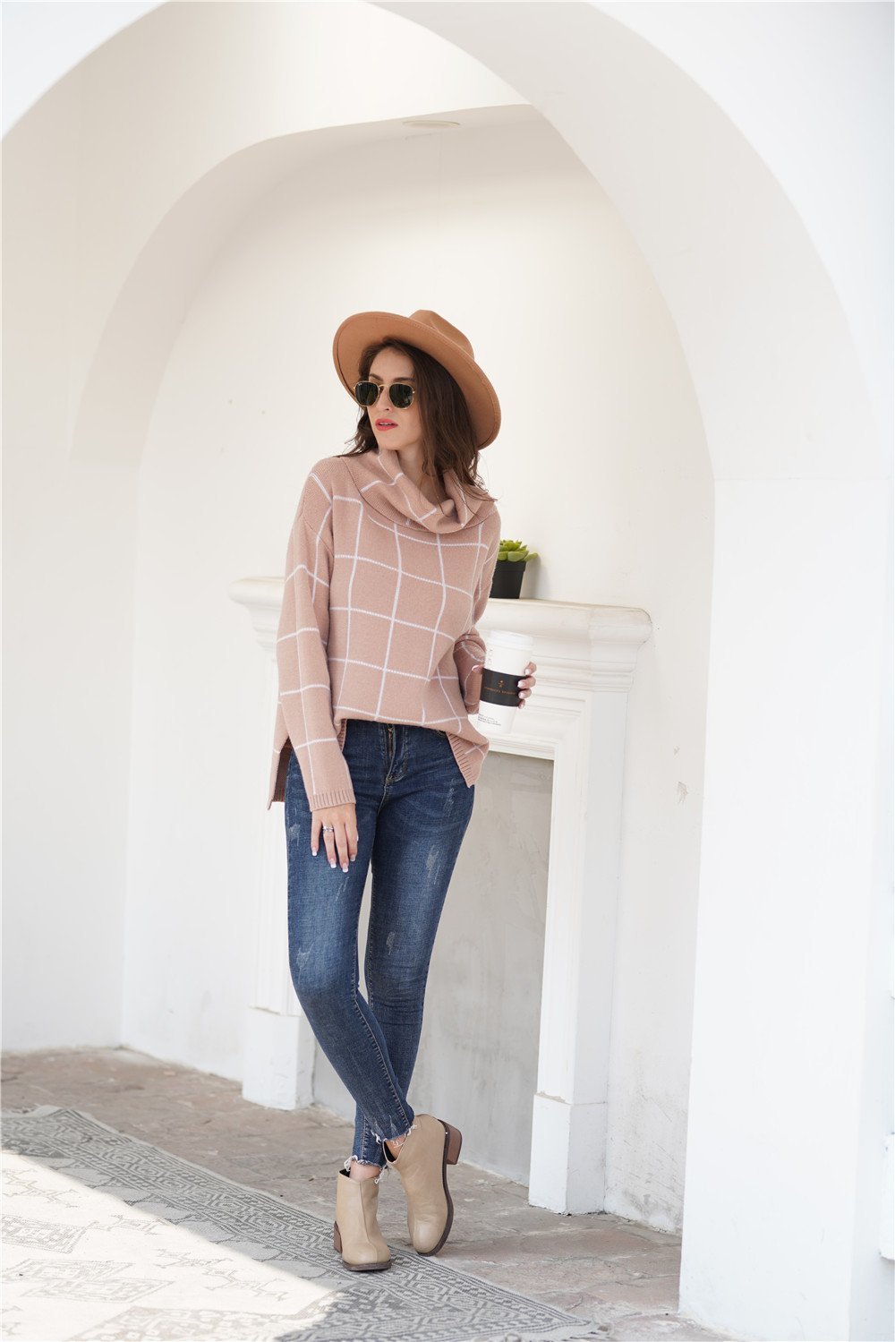 Chic Khaki Turtleneck Plaid Sweater for Effortless Style