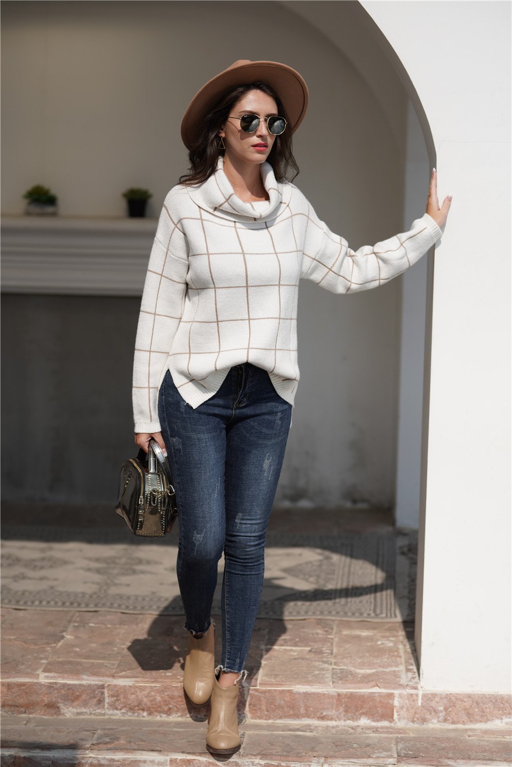 RadyRin Chic Plaid Turtleneck Sweater for Effortless Style