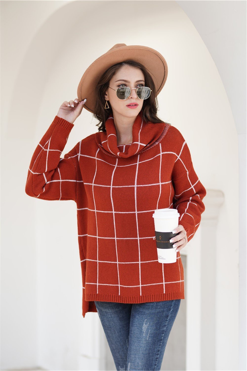 RadyRin Chic Loose Plaid Turtleneck Sweater in Red