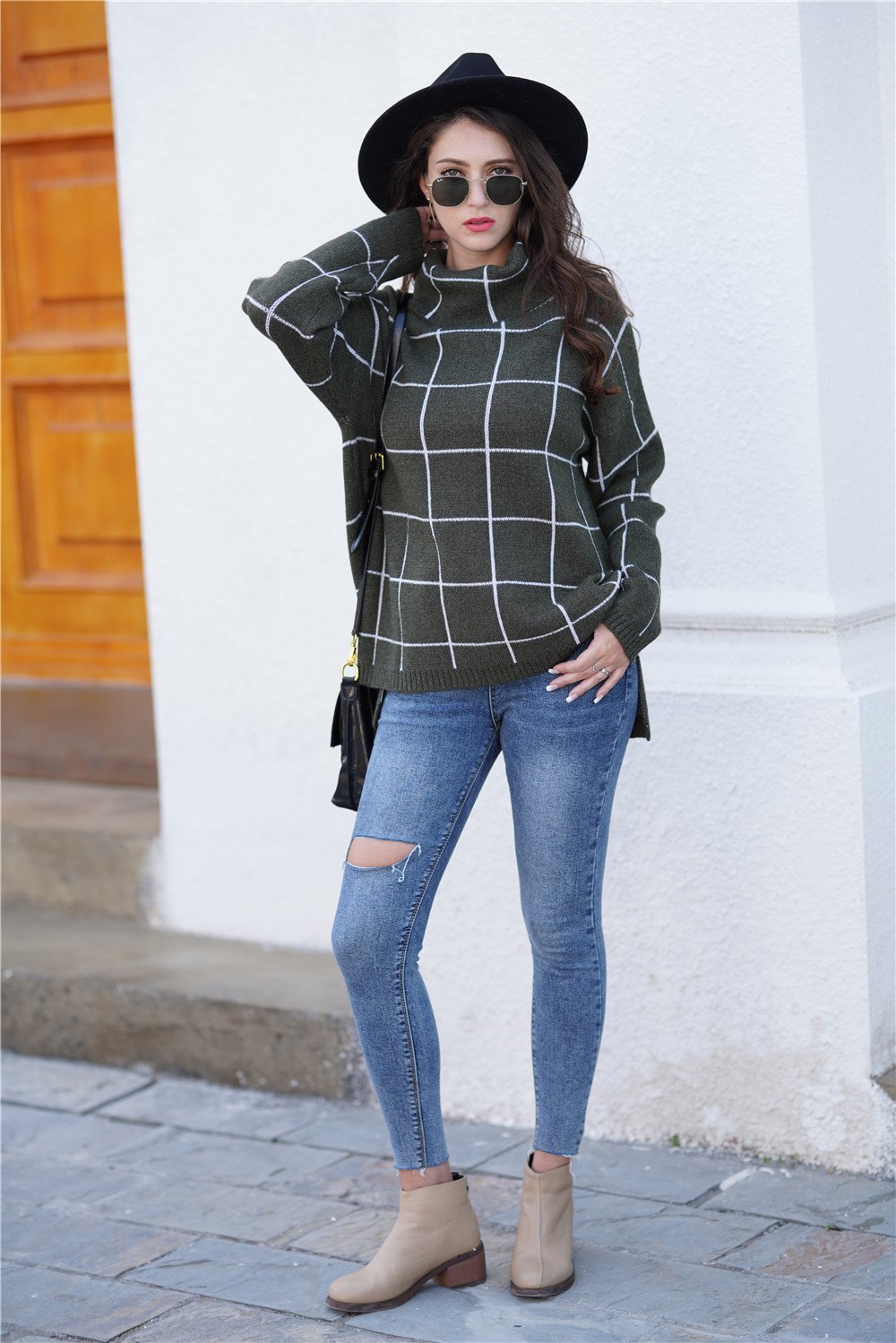 RadyRin Chic Plaid Turtleneck Sweater for Effortless Style