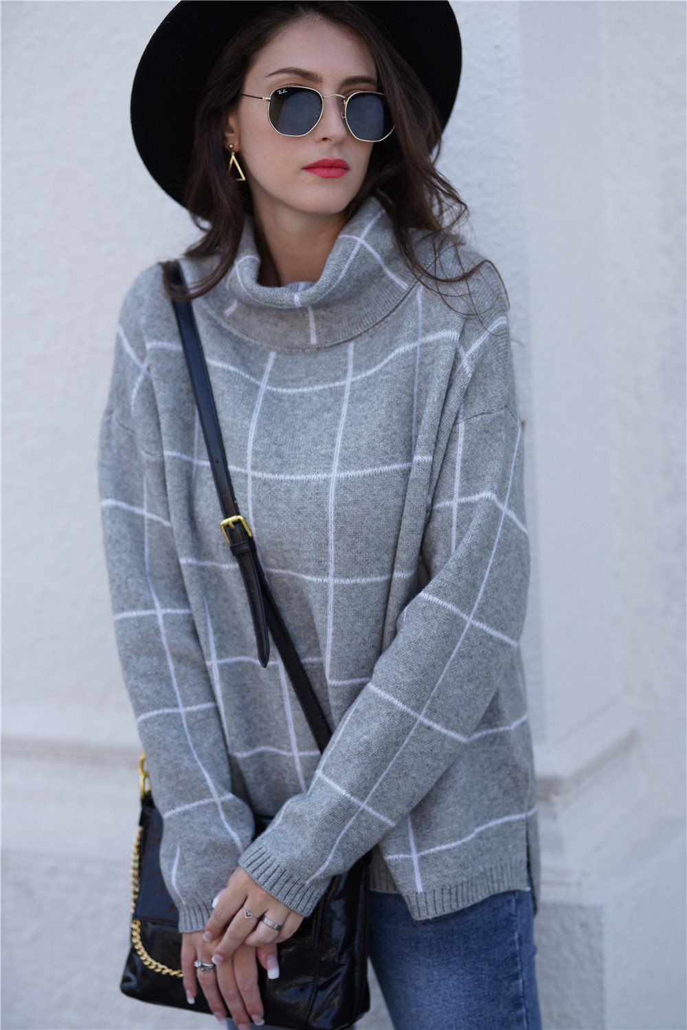 Chic Khaki Turtleneck Plaid Sweater for Effortless Style