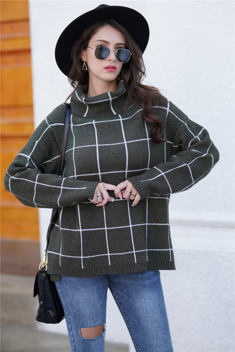 Chic Khaki Turtleneck Plaid Sweater for Effortless Style