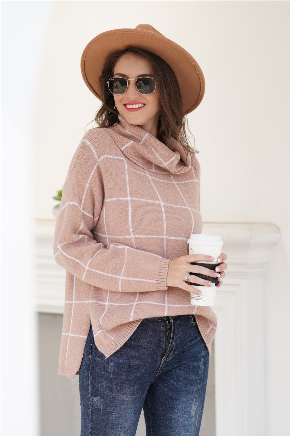 Chic Khaki Turtleneck Plaid Sweater for Effortless Style