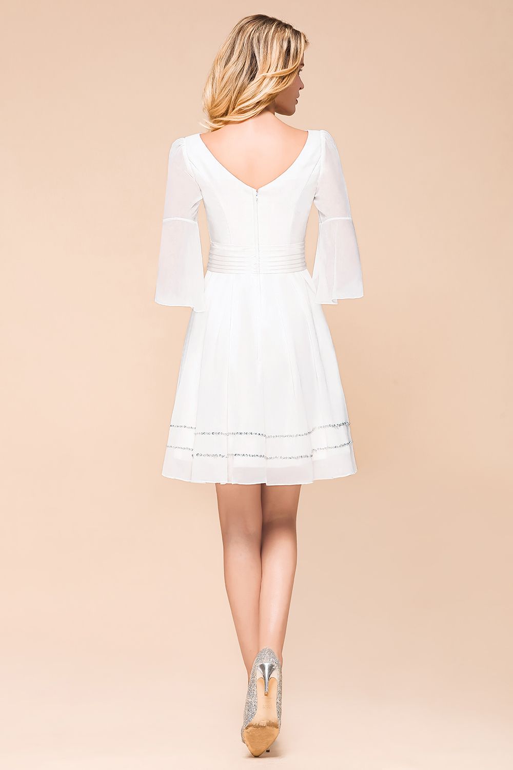 Chic V-Neck 3/4 Sleeves Short White Bridesmaid Dresses with Sequins - Fashionpara