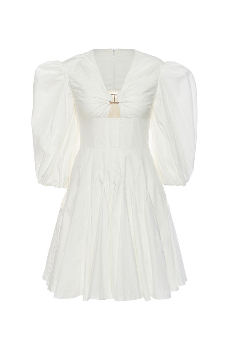 Chic V Neck Balloon Sleeve Metallic Trim Ruched Fit & Flare Summer Mini Dress - Fashionpara