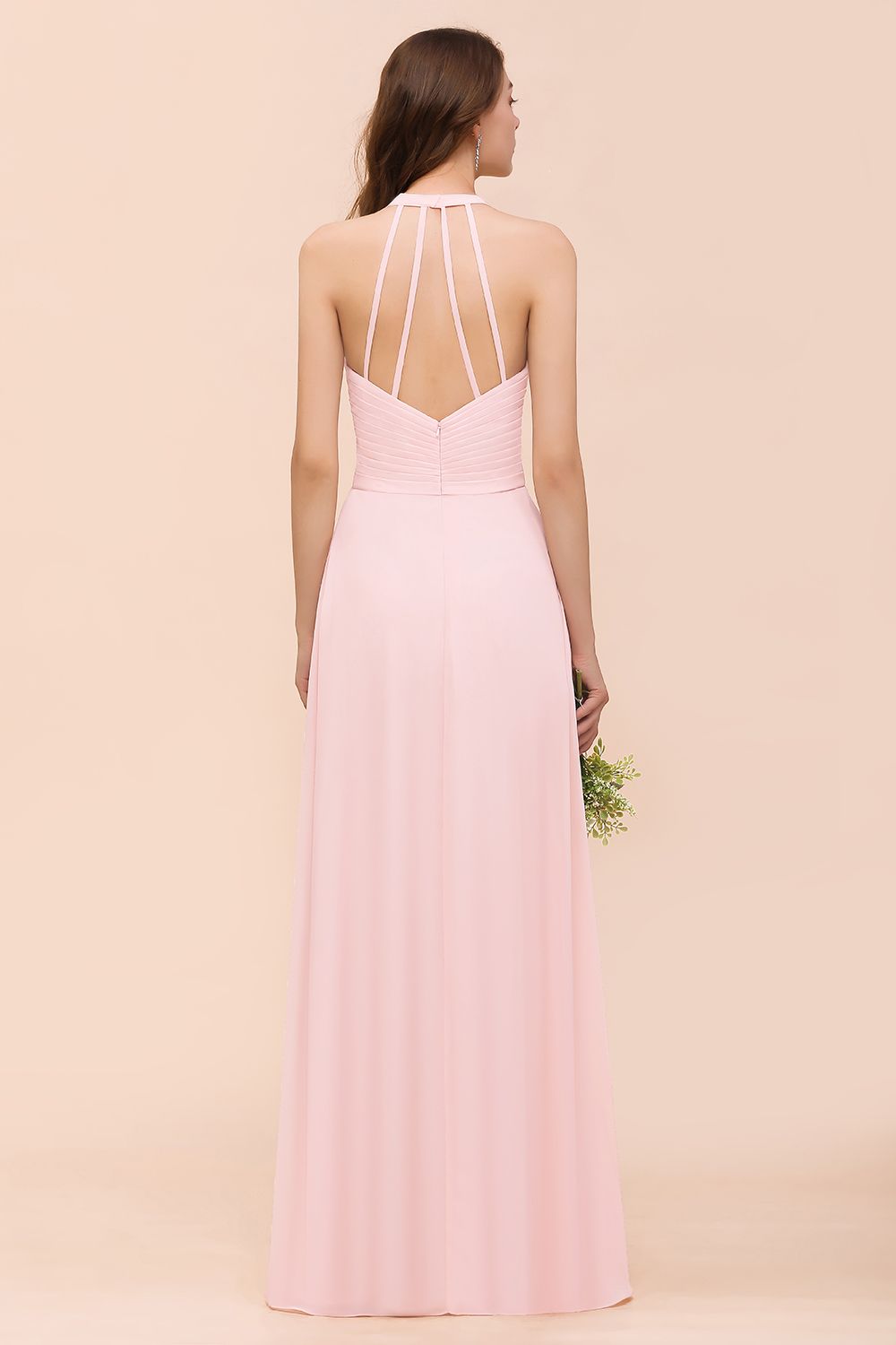 Chic V-Neck Blushing Pink Chiffon Affordable Bridesmaid Dresses with Ruffle - Fashionpara