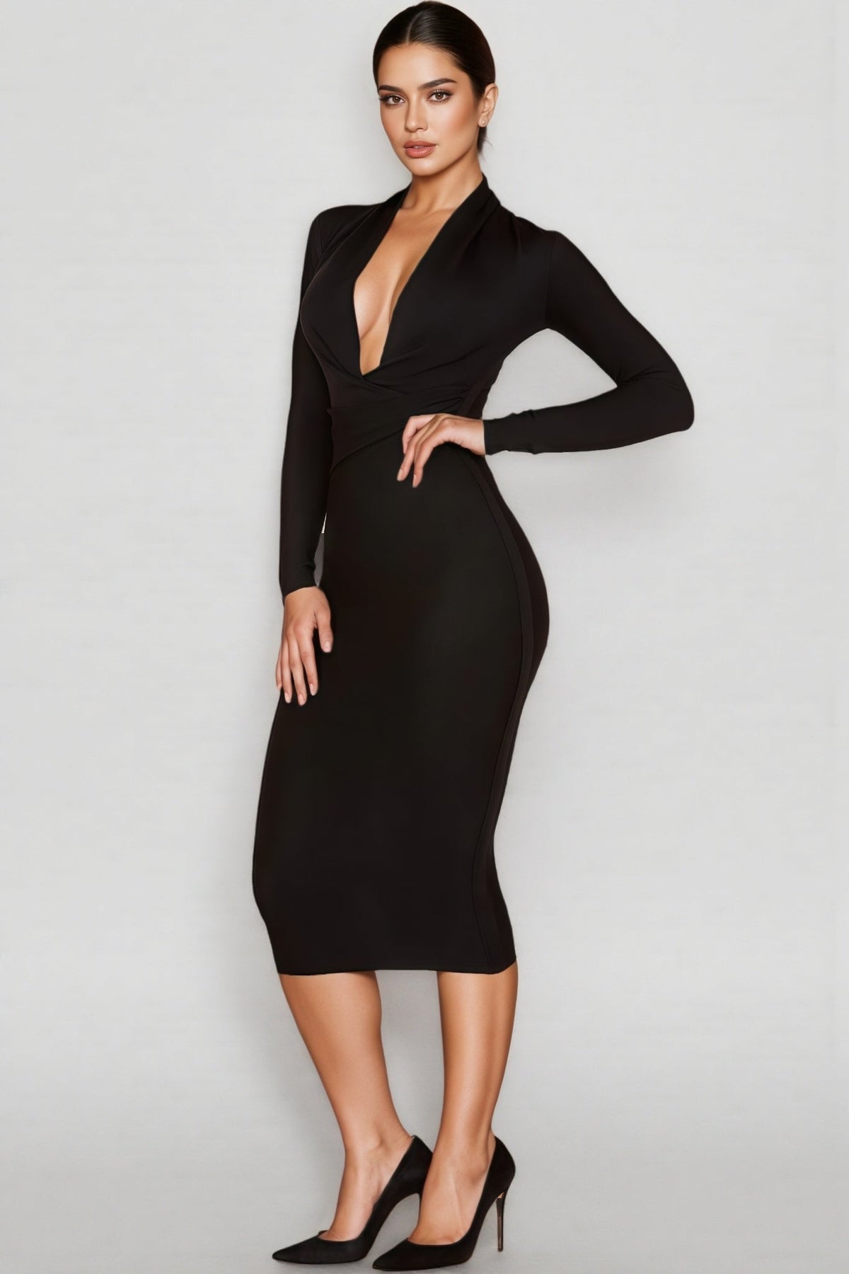 Deep V-Neck Surplice Wrap Long Sleeve Ruched Waist Bandage Midi Dress - View 2