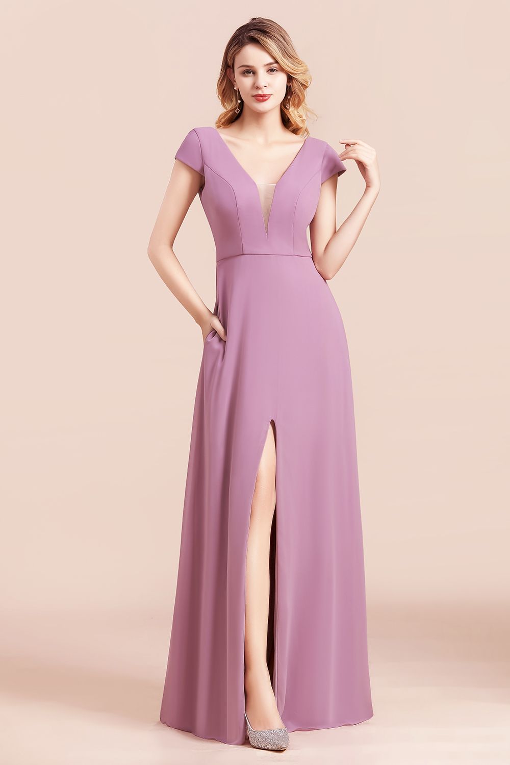 Chic V-Neck Chiffon Wisteria Bridesmaid dresses with Short Sleeves - Fashionpara