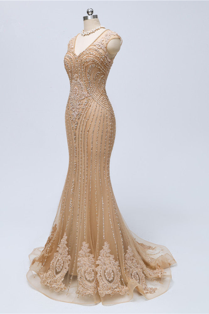 Chic V-Neck Sleeveless Mermaid Prom Dresses with Appliques Beadings - Fashionpara