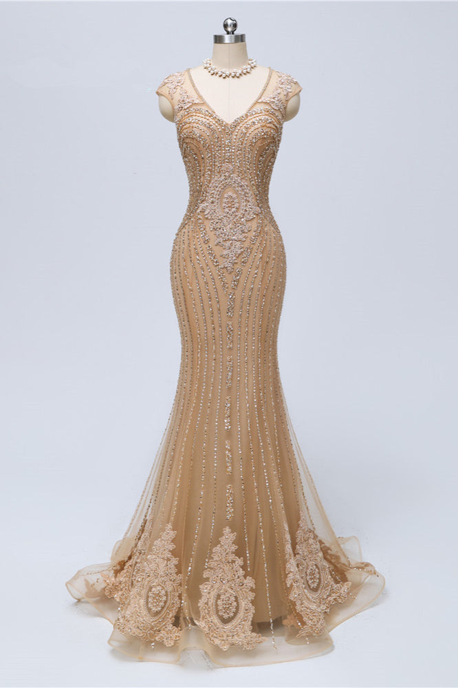 Chic V-Neck Sleeveless Mermaid Prom Dresses with Appliques Beadings - Fashionpara
