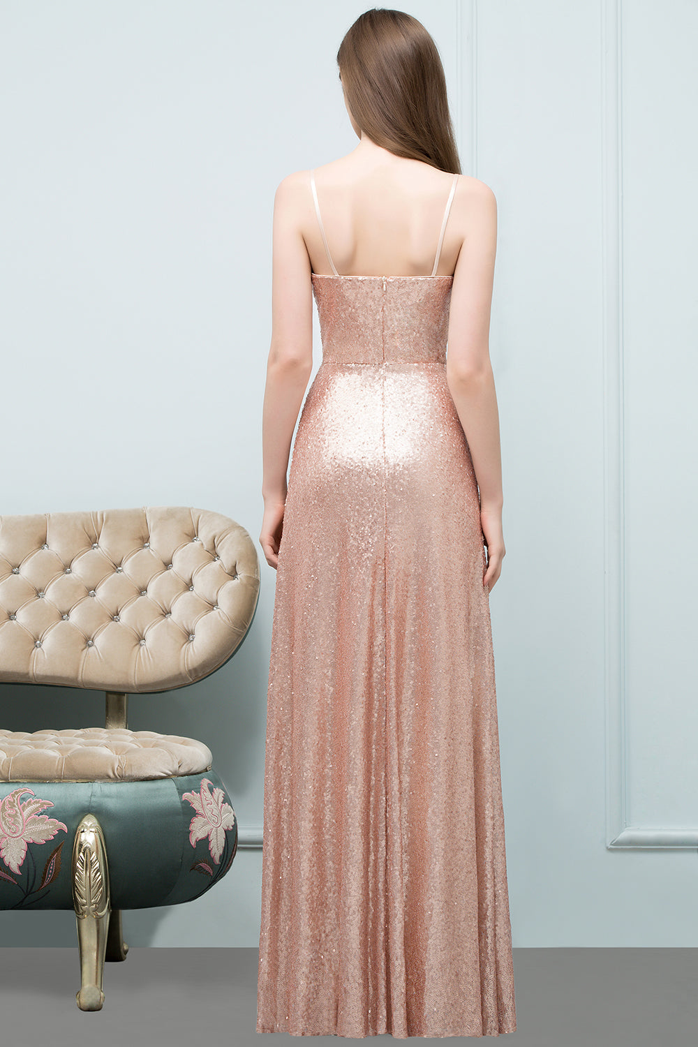Chic V-Neck Spaghetti-Straps Sequined Long Bridesmaid dresses Affordable - Fashionpara