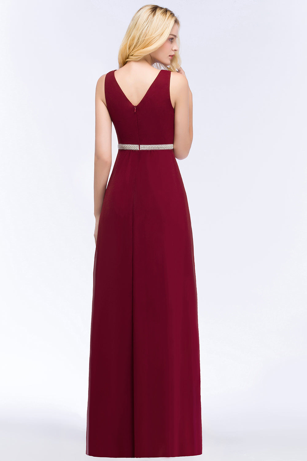 Chiffon Burgundy Long Affordable Bridesmaid Dresses With Beading Sash - Fashionpara