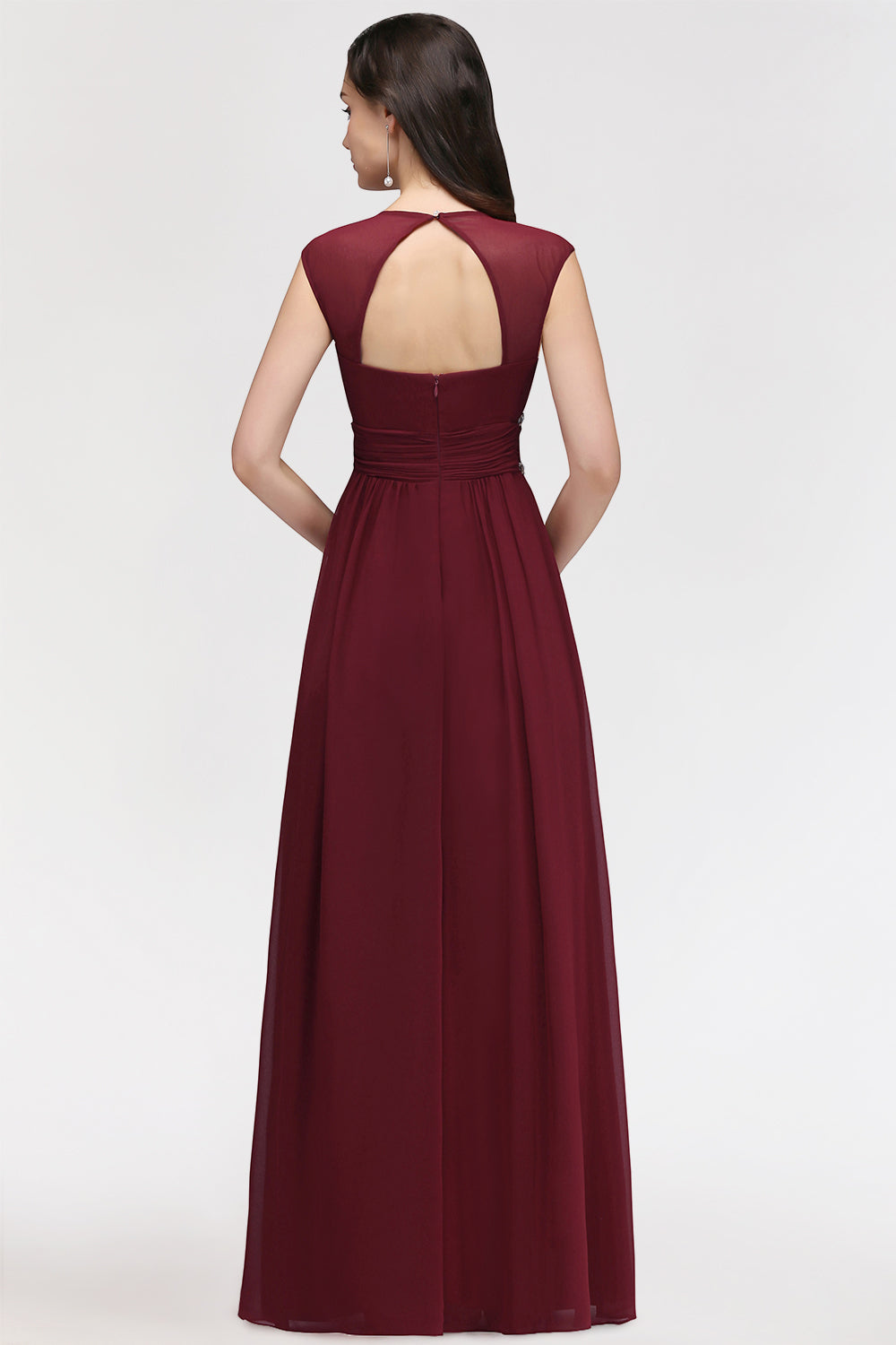 Chiffon Burgundy V-Neck Cap Sleeve Bridesmaid Dresses with Beadings - Fashionpara