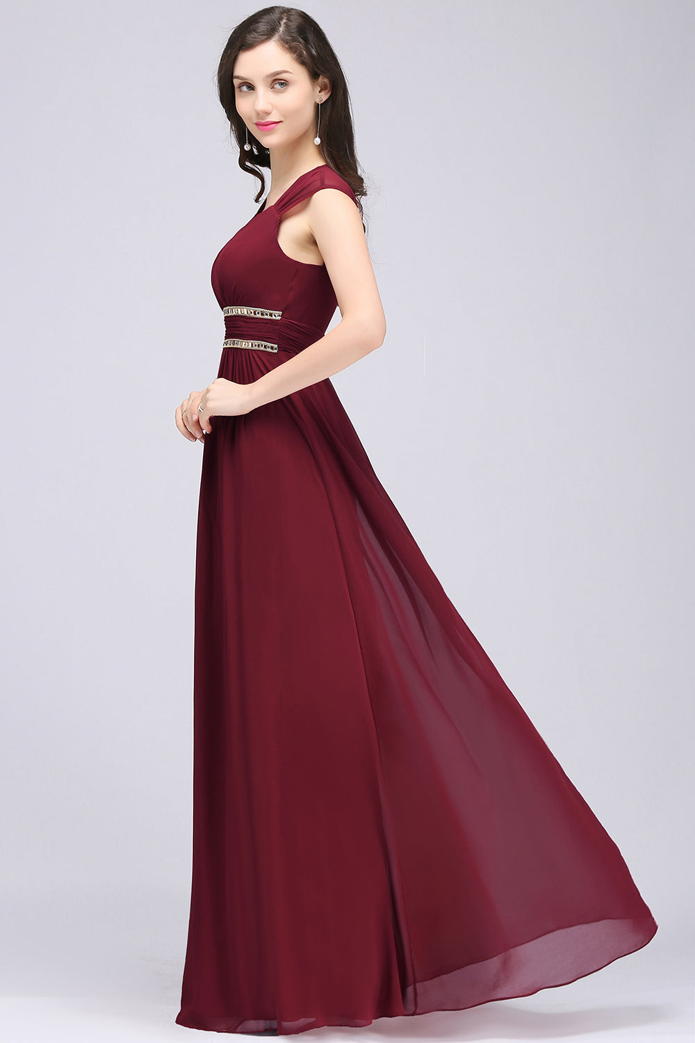 Chiffon Burgundy V-Neck Cap Sleeve Bridesmaid Dresses with Beadings - Fashionpara