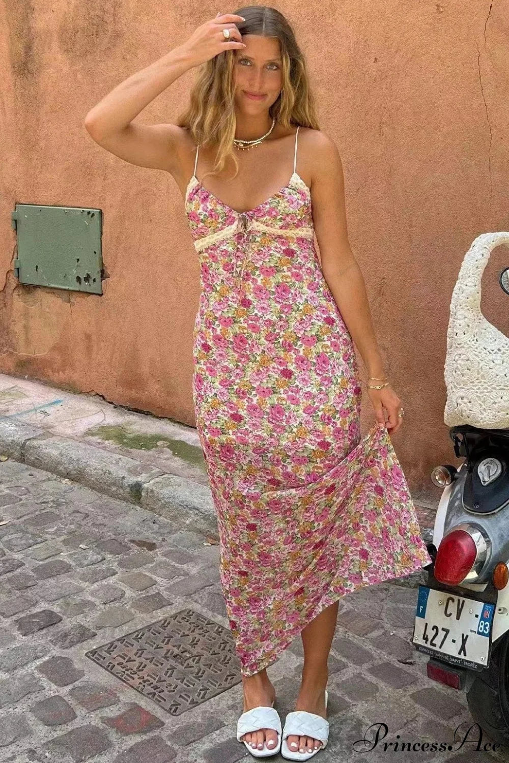 Chiffon Floral Lace Strap Boho Dress