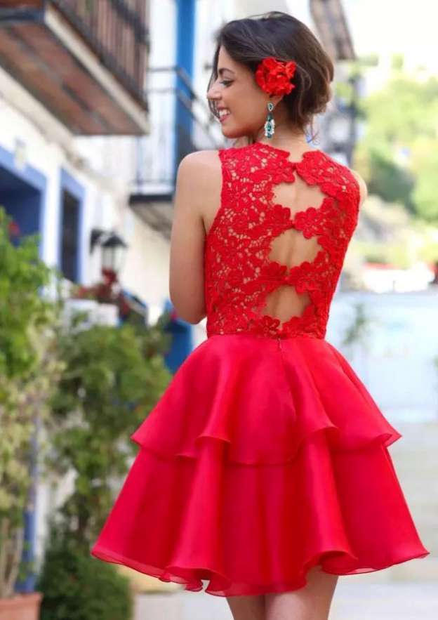 Chiffon Homecoming Ball Gown with Lace Bateau Short - Fashionpara