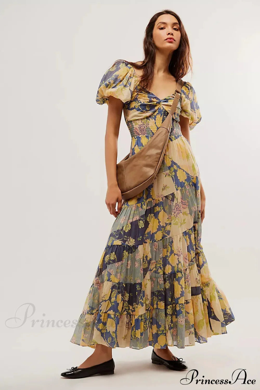 Chiffon Maxi Dress Floral Print Puff Sleeve APRICOT / S bohodress-250126