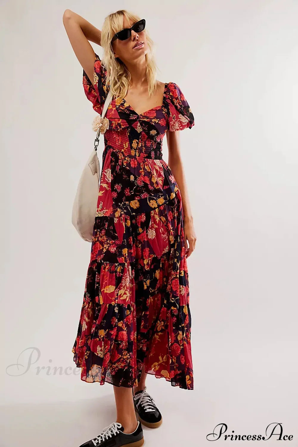 Chiffon Maxi Dress Floral Print Puff Sleeve