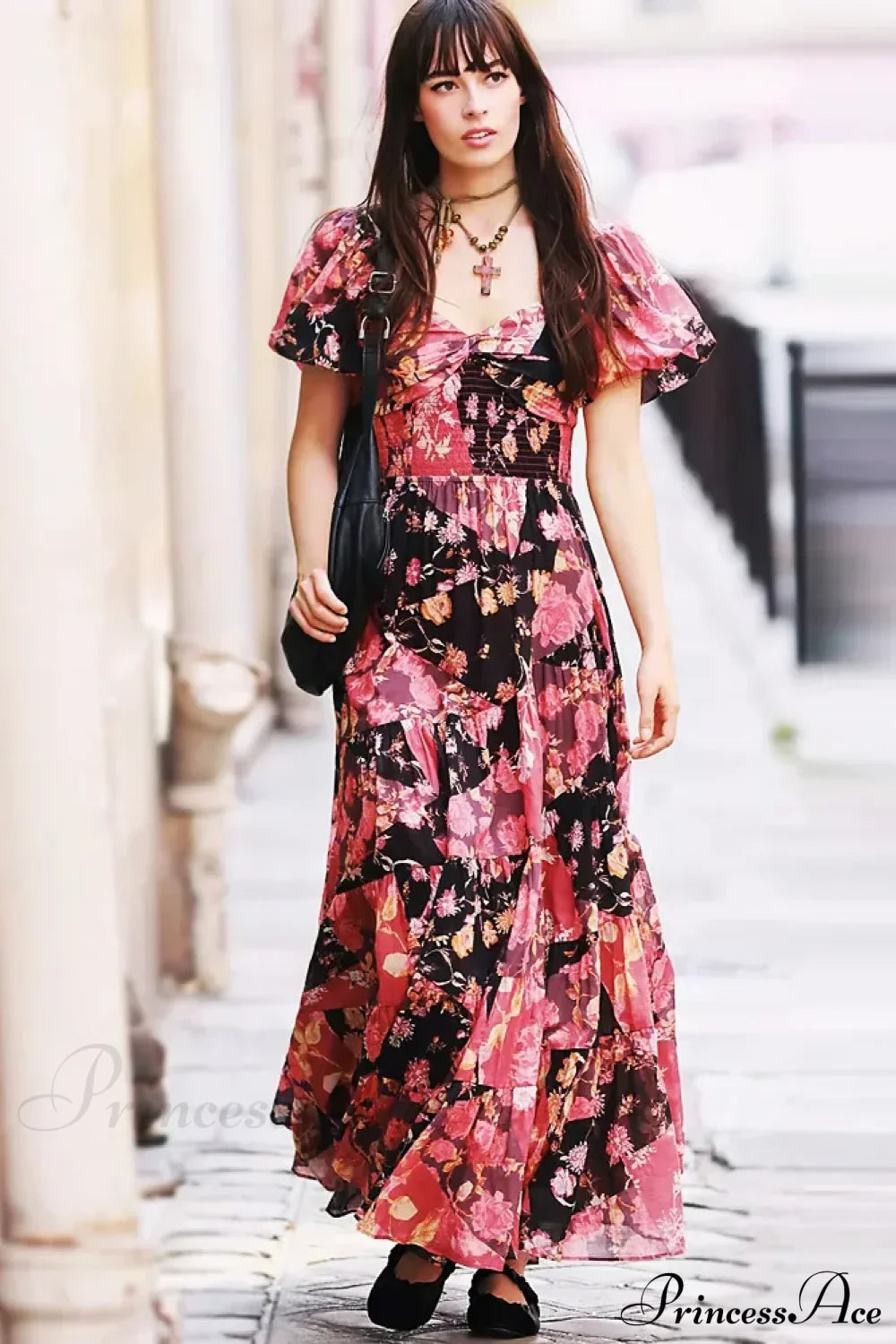 Chiffon Maxi Dress Floral Print Puff Sleeve