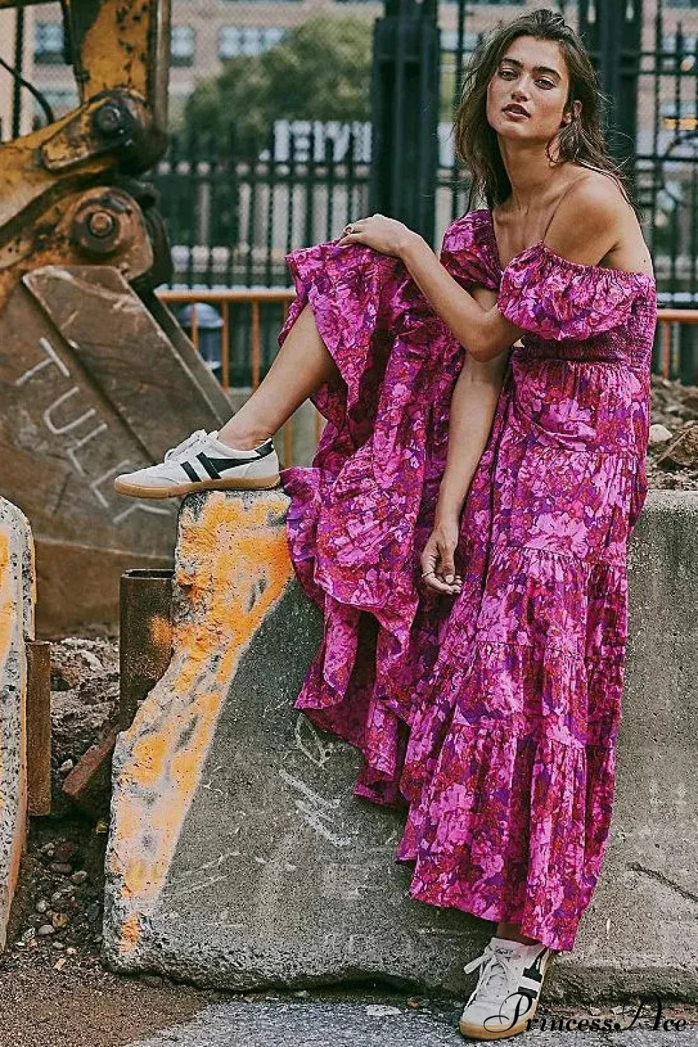 Chiffon Maxi Dress Floral Print Puff Sleeve