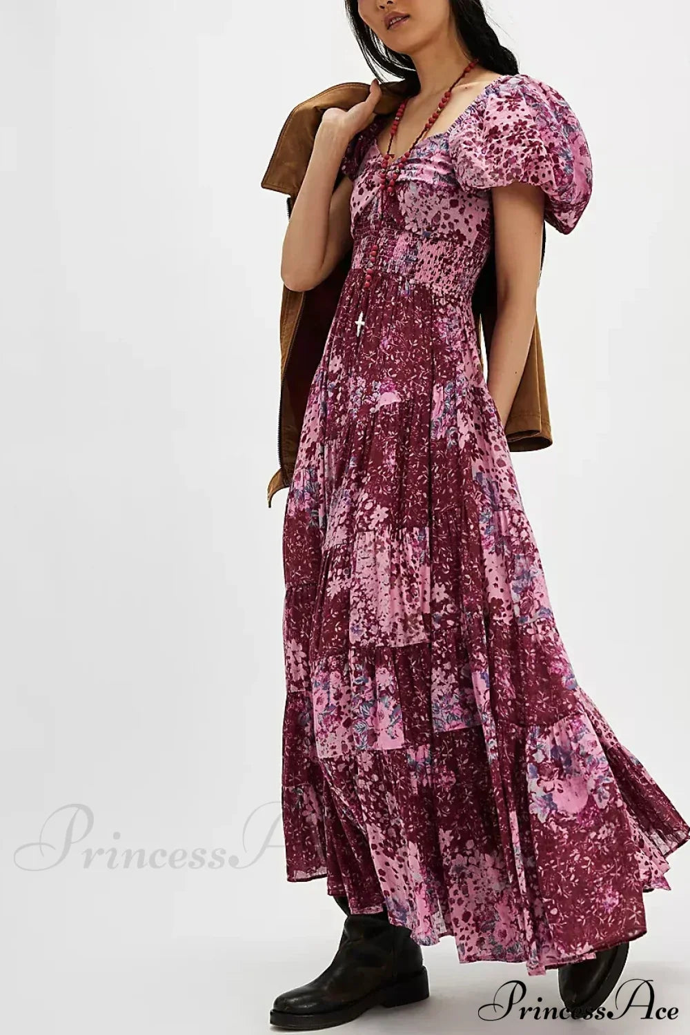 Chiffon Maxi Dress Floral Print Puff Sleeve CORAL RED / S bohodress-250126