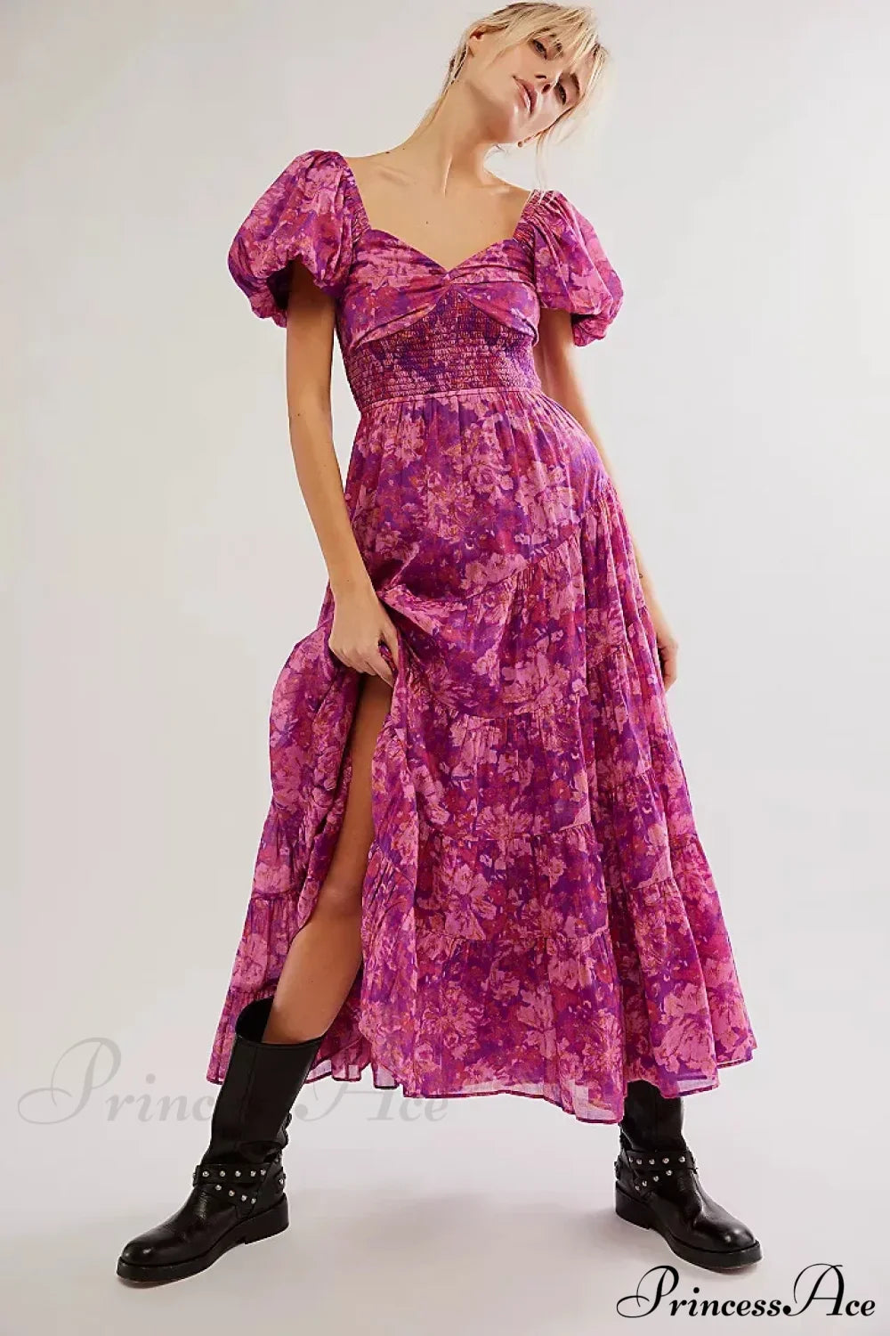 Chiffon Maxi Dress Floral Print Puff Sleeve Fuchsia / S bohodress-250126