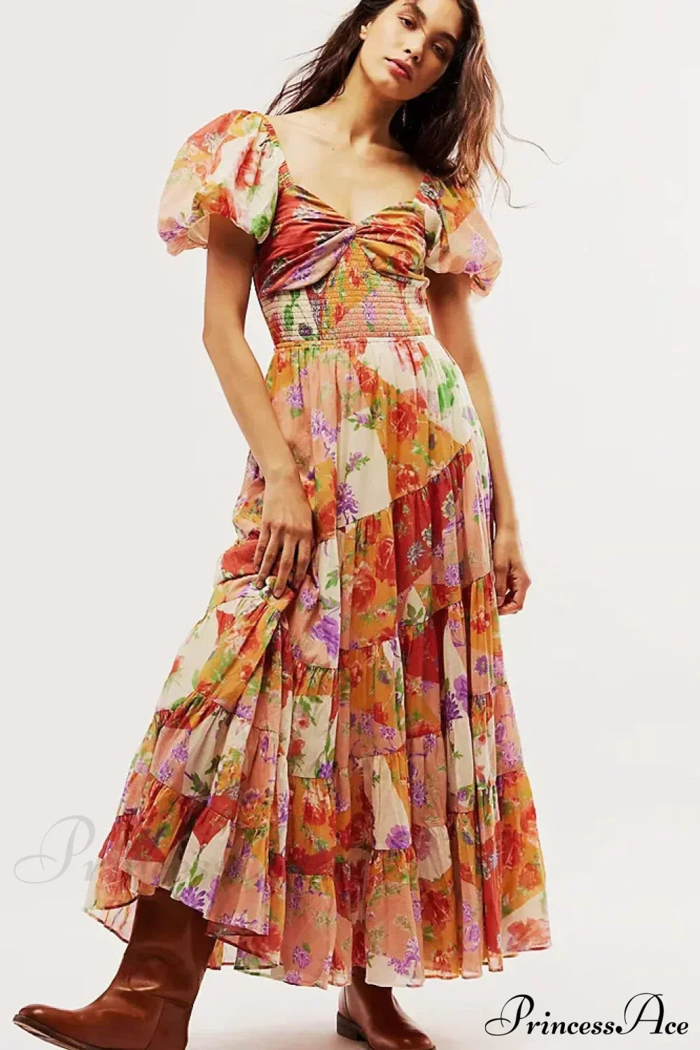 Chiffon Maxi Dress Floral Print Puff Sleeve Orange / S bohodress-250126