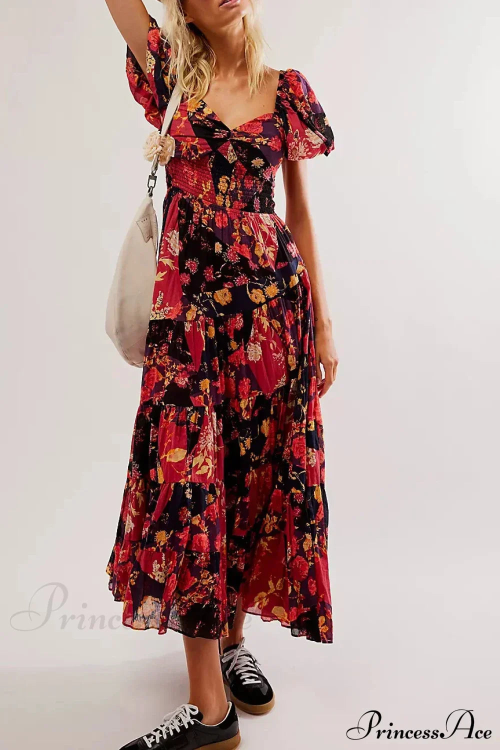 Chiffon Maxi Dress Floral Print Puff Sleeve Red / S bohodress-250126