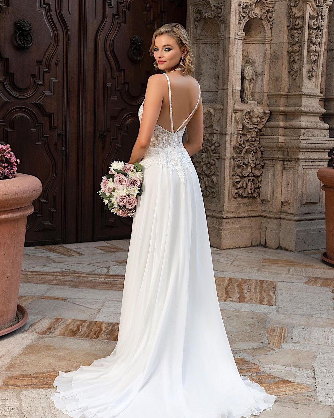 Chiffon Wedding Dress Lace Appliques With Slit - Fashionpara