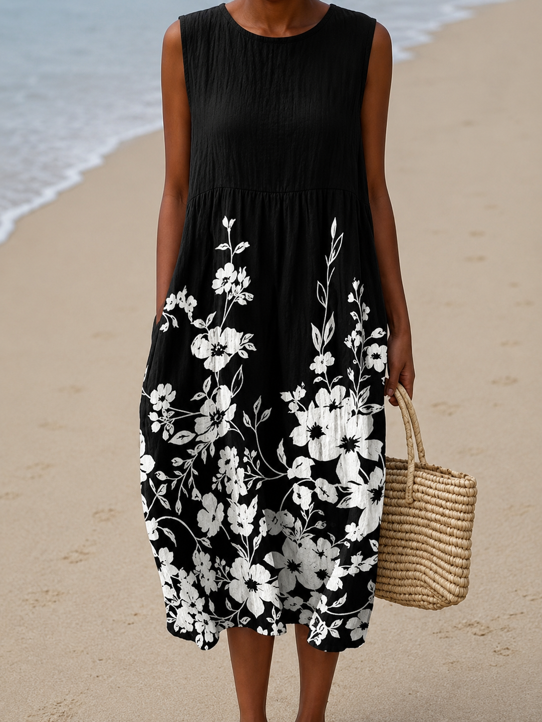 Floral Border Print Crew Neck Sleeveless Midi Dress