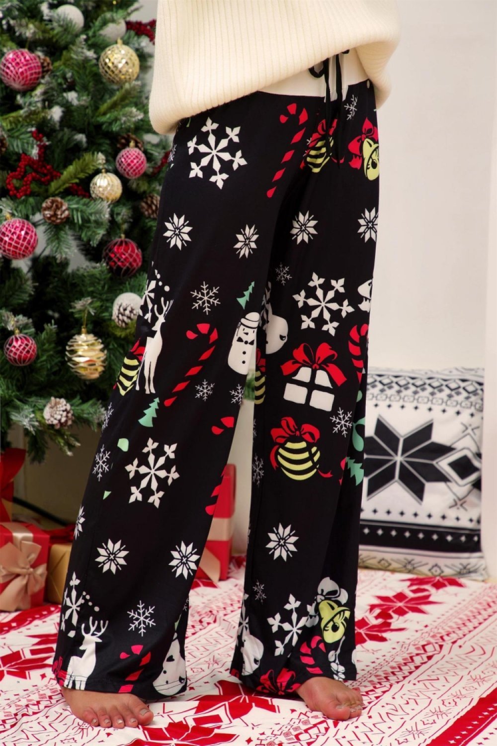 Christmas Printed Wide Leg Pants - Blue