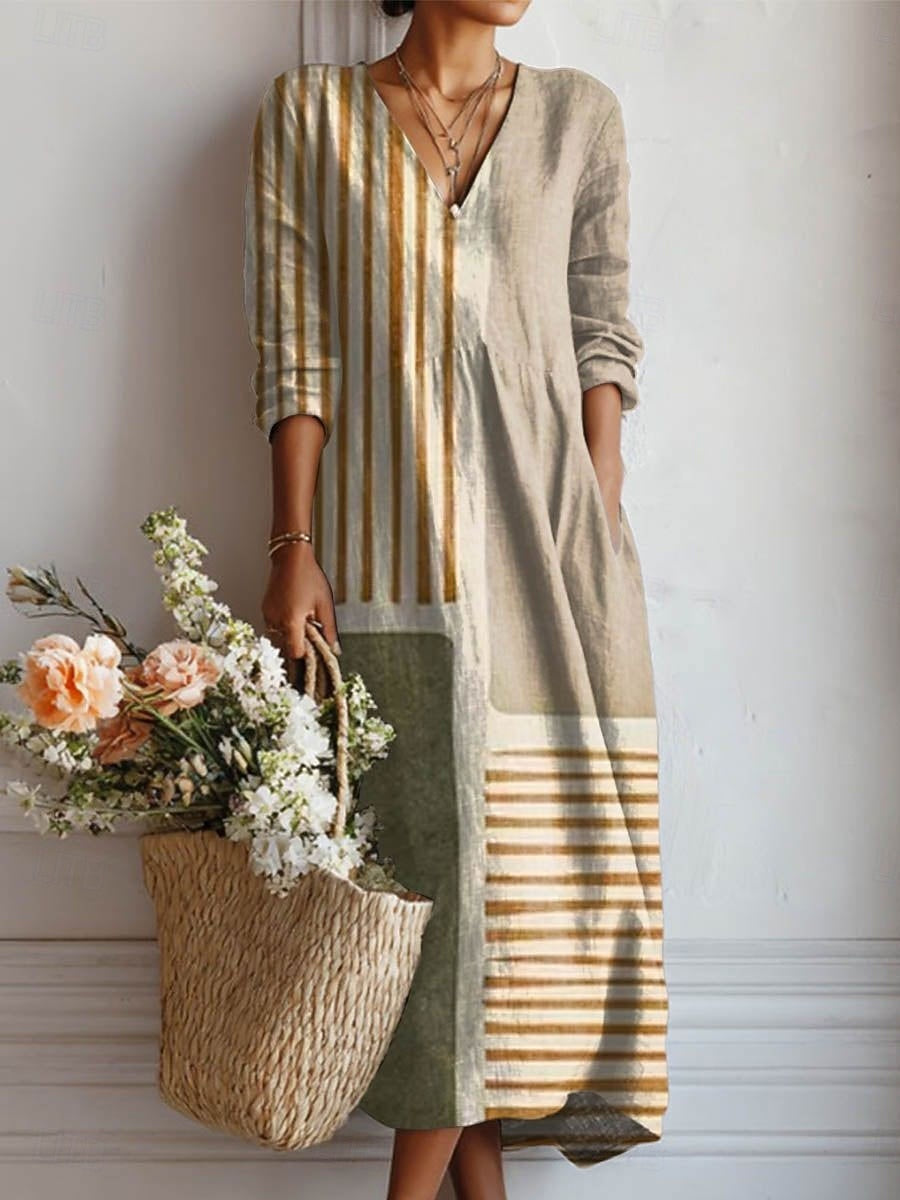 Striped Patchwork V-Neck Long Sleeve Midi Dress