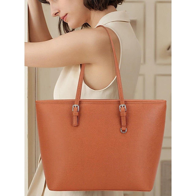 Faux Brown Leather Large Bag Classic Tote -