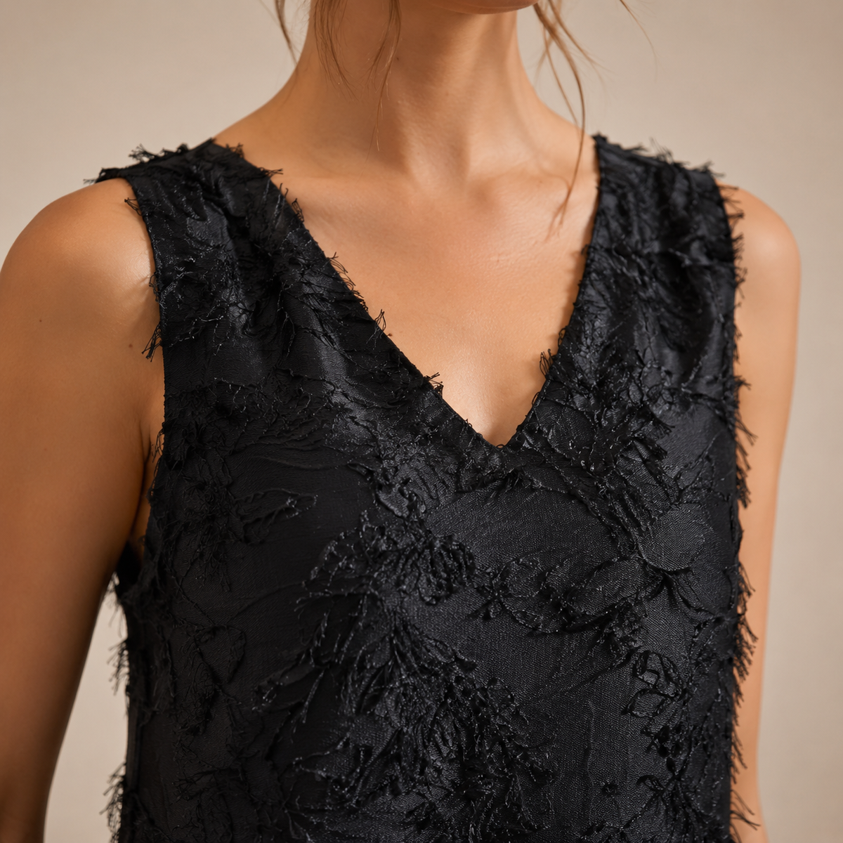 V-Neck Sleeveless Textured Fringe Shift Midi Dress 14