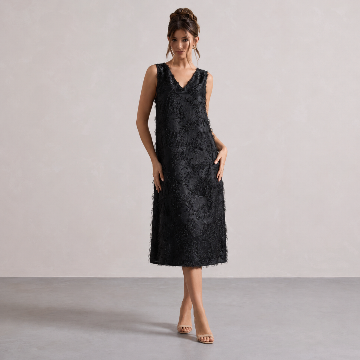 V-Neck Sleeveless Textured Fringe Shift Midi Dress 13