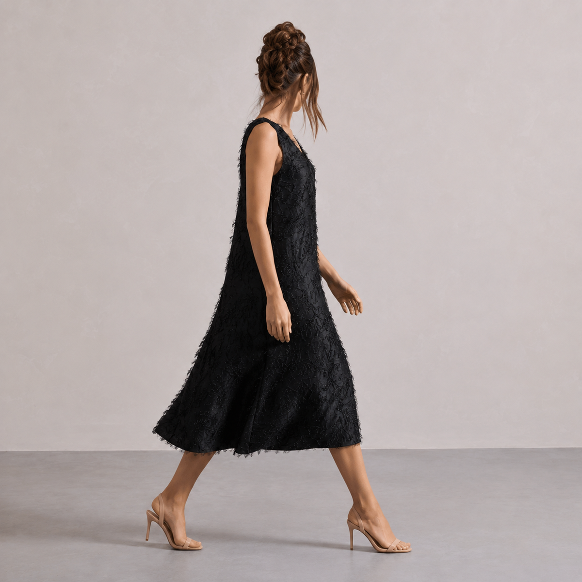 V-Neck Sleeveless Textured Fringe Shift Midi Dress 16