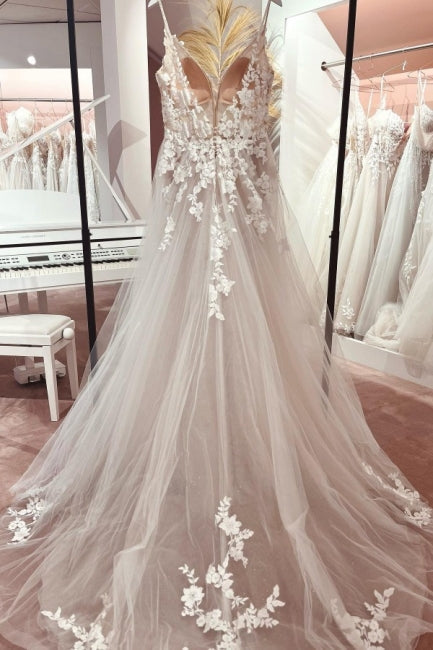 Classic V-Neck Spaghetti Strap Sleeveless A-Line Lace Bridal Gown - Fashionpara