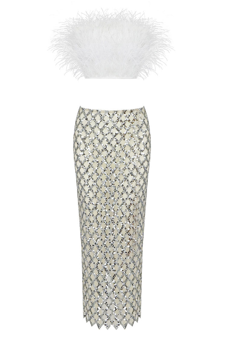 Classy Feather Strapless Top Sequin Midi Skirt Two Piece Dress - White - Fashionpara