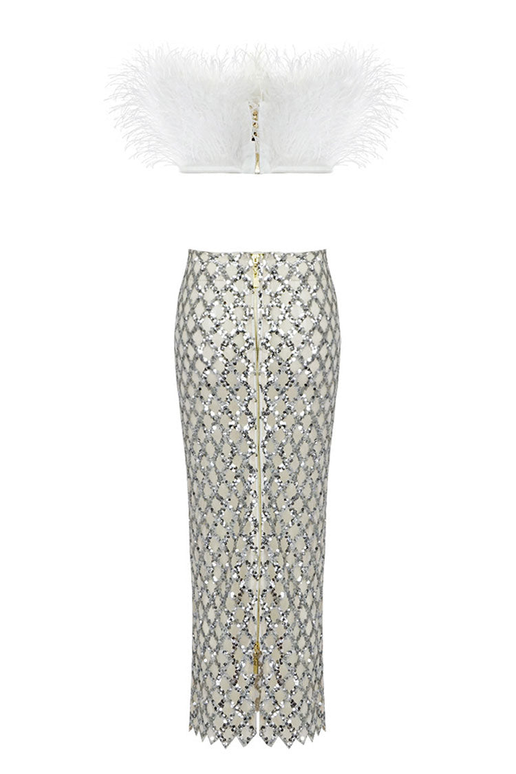 Classy Feather Strapless Top Sequin Midi Skirt Two Piece Dress - White - Fashionpara