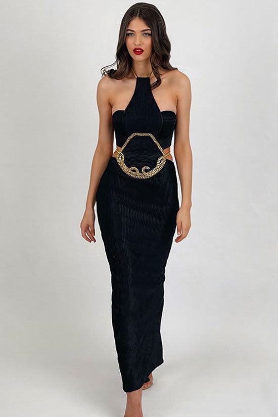 Classy Halter Sleeveless Chained Cutout Ribbed Bandage Cocktail Midi Dress - Black  Fashionpara