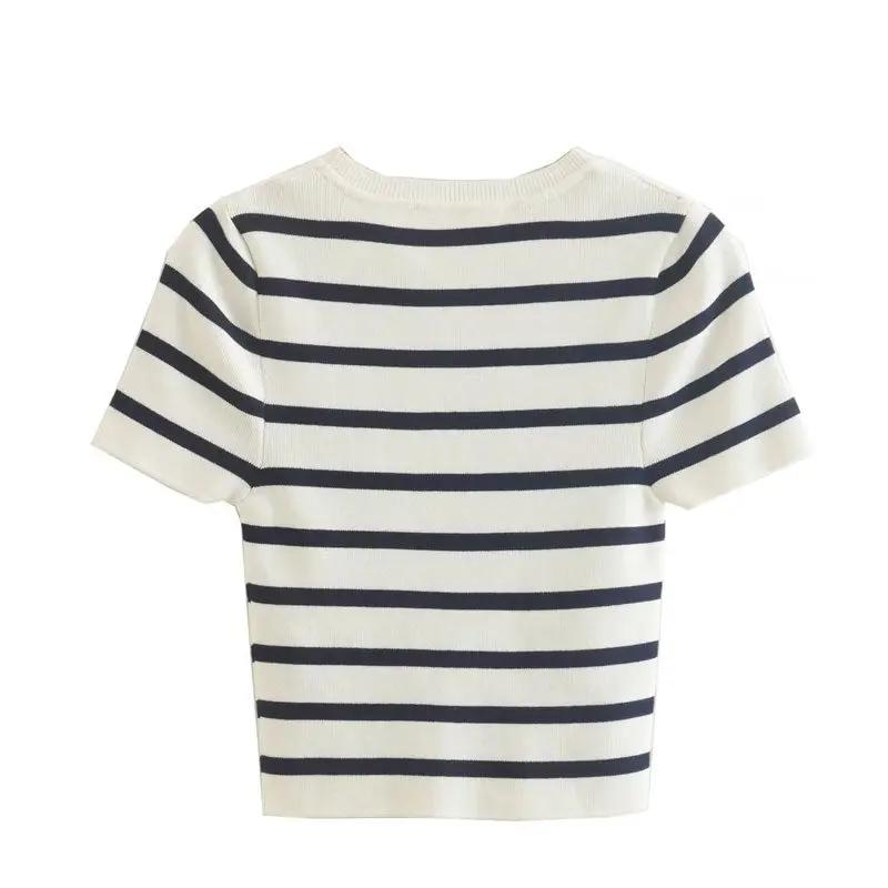 Classy Stripe Print Crew Neck Short Sleeve Knitted Crop Top - Black  Fashionpara