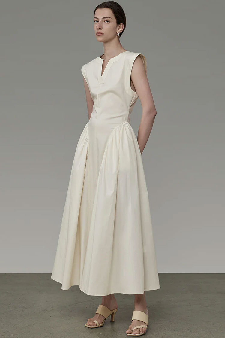 Classy V Neck Ruffle Detail Pocket Trim Sleeveless Maxi Dress - Apricot  Fashionpara