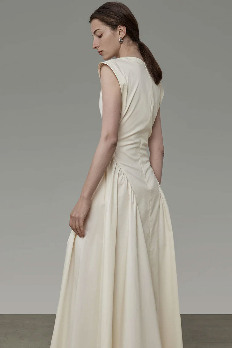 Classy V Neck Ruffle Detail Pocket Trim Sleeveless Maxi Dress - Apricot  Fashionpara